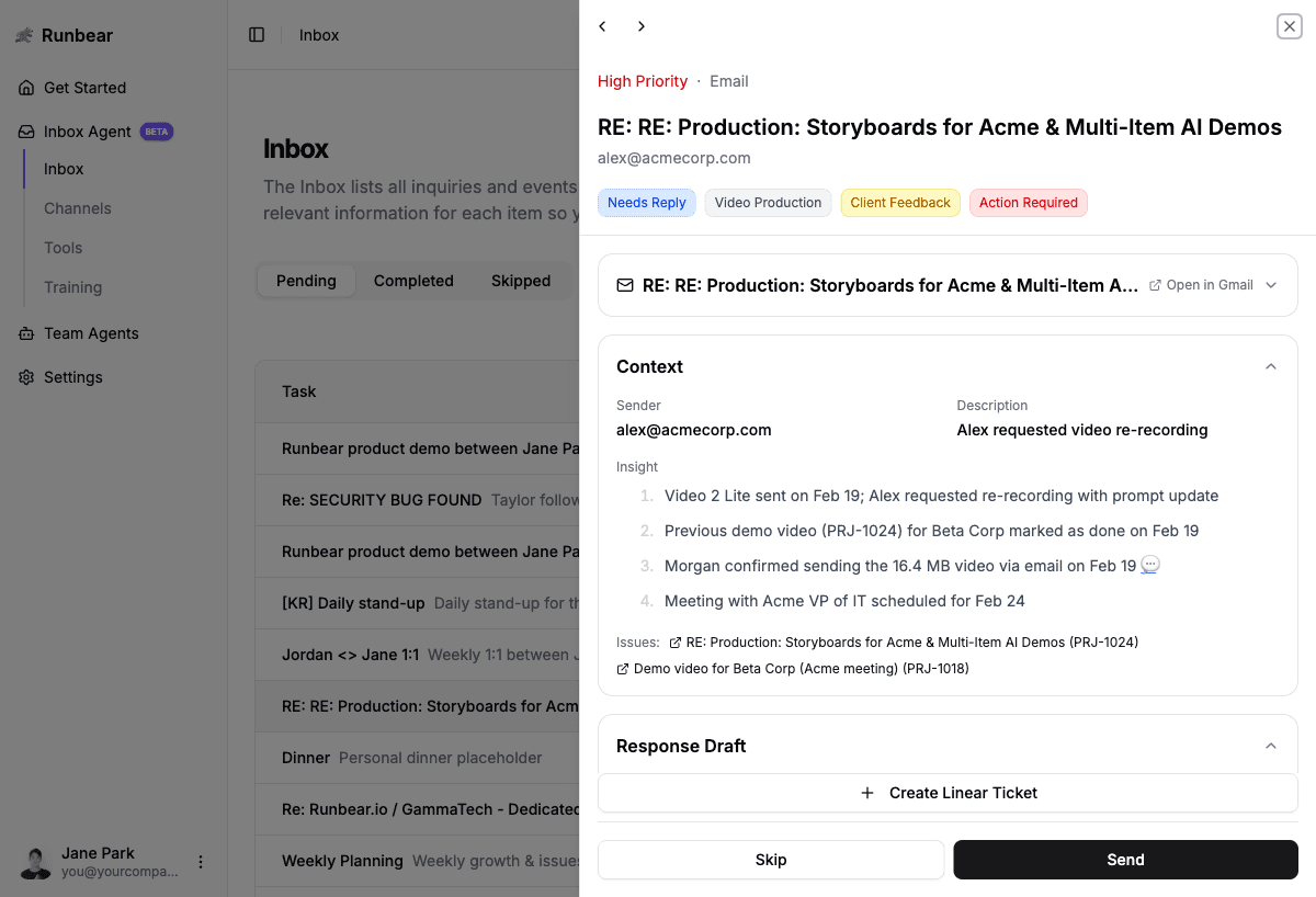 Email context panel with suggested reply and ticket prompt