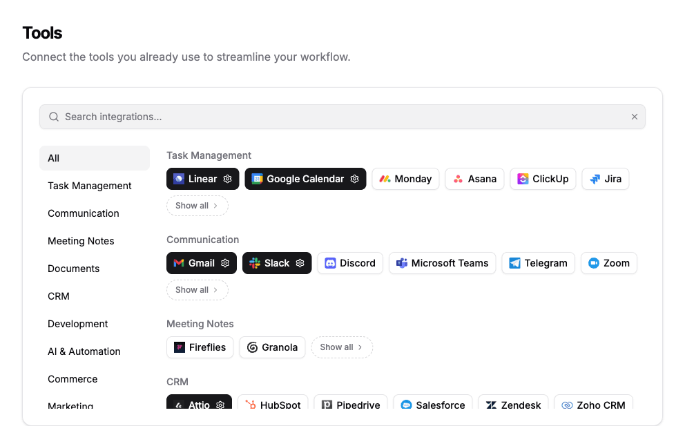 Tool catalog in Inbox Agent settings