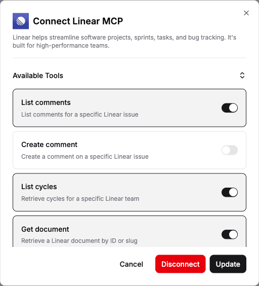 Tool connection screen in Inbox Agent