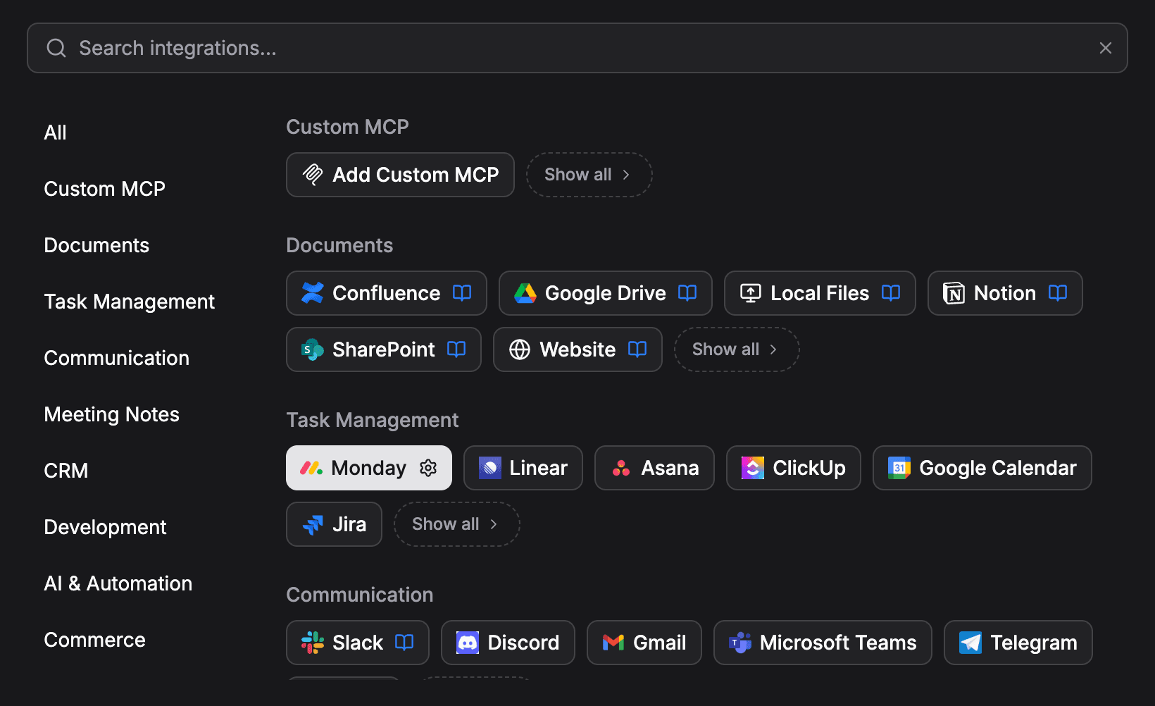 Tools tab with Custom MCP category and integration catalog