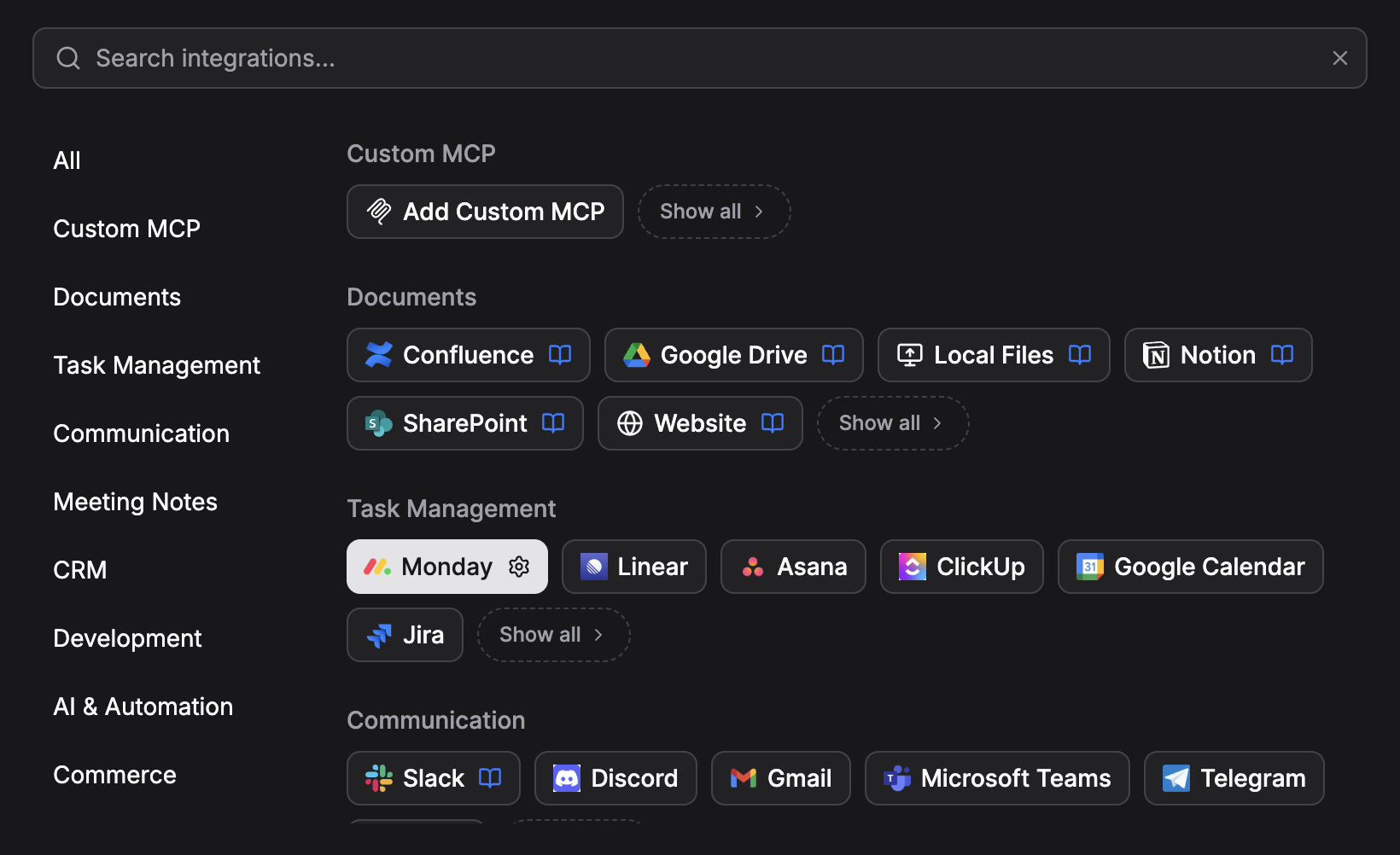 Team Agent Tools tab with Custom MCP category and integration catalog
